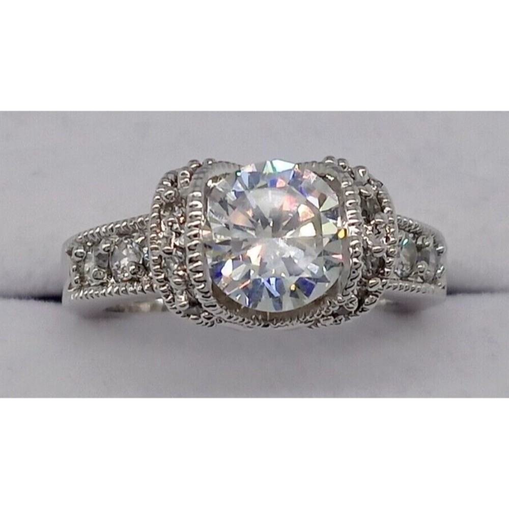 Clear Crystal Rhinestone Ring  Size 6.75 Silver Tone Metal Prong Set Sparkly!